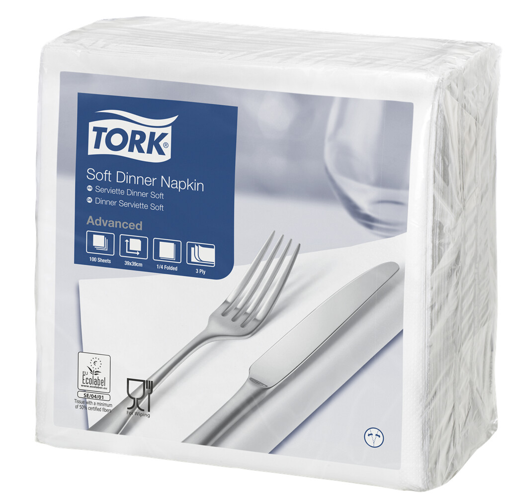 Tork Dinnerserviette, 3lg, weiß, 4F, 39x39 cm (477577)
